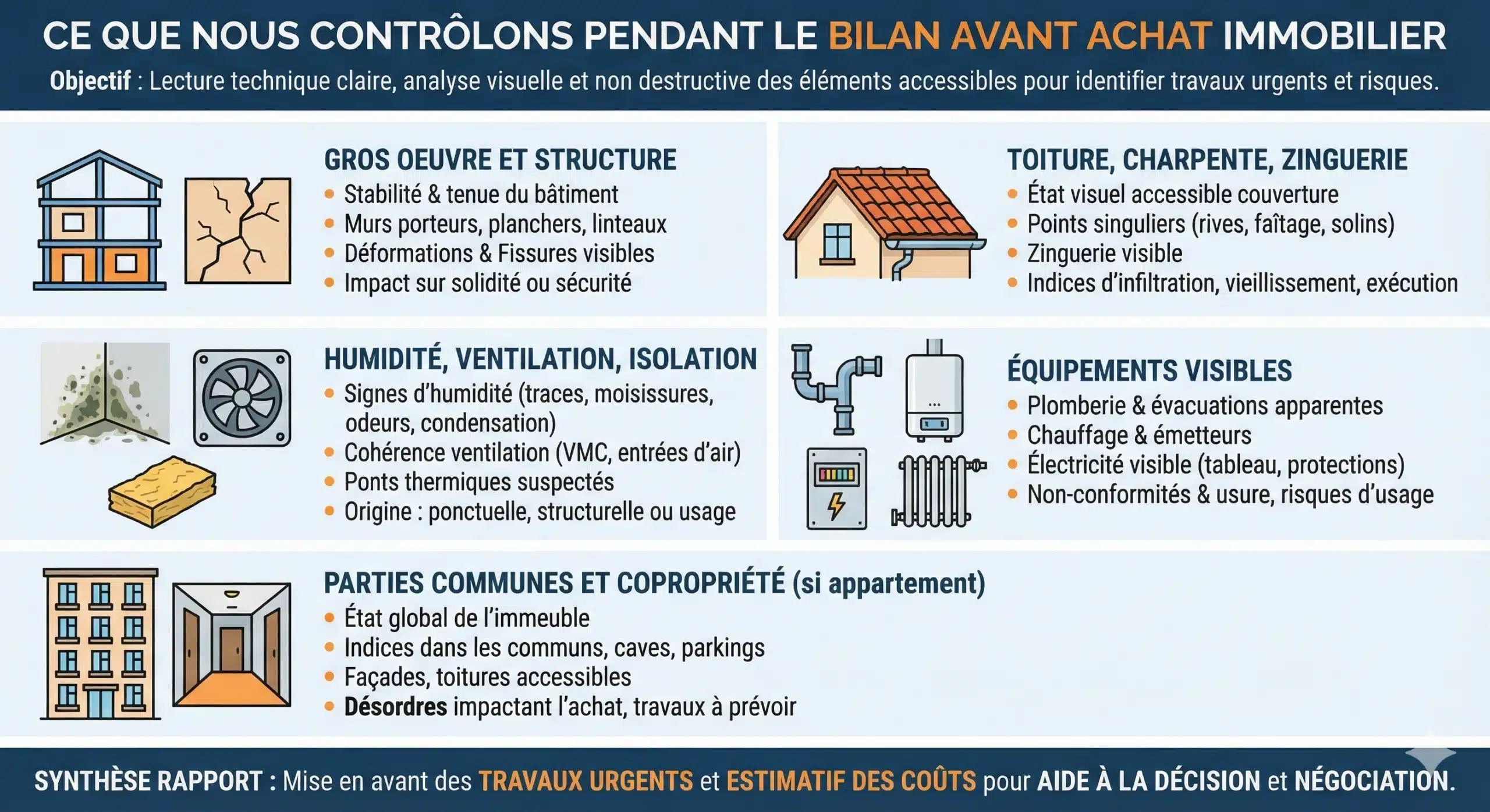 Schéma des points contrôlés pendant le bilan avant achat immobilier dans le 93