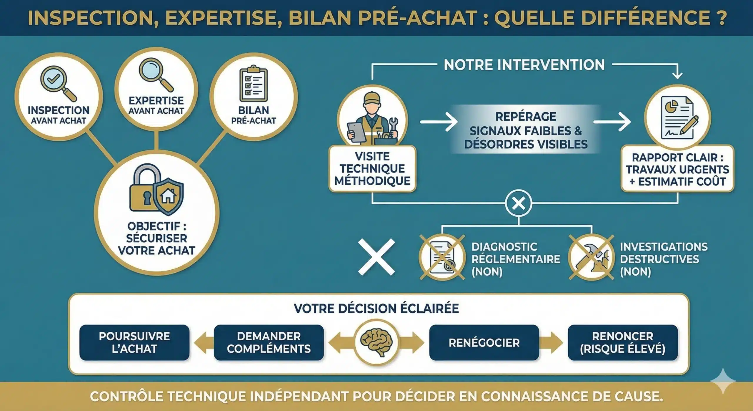 Schéma comparant inspection avant achat, expertise avant achat et bilan pré-achat en Seine-Saint-Denis
