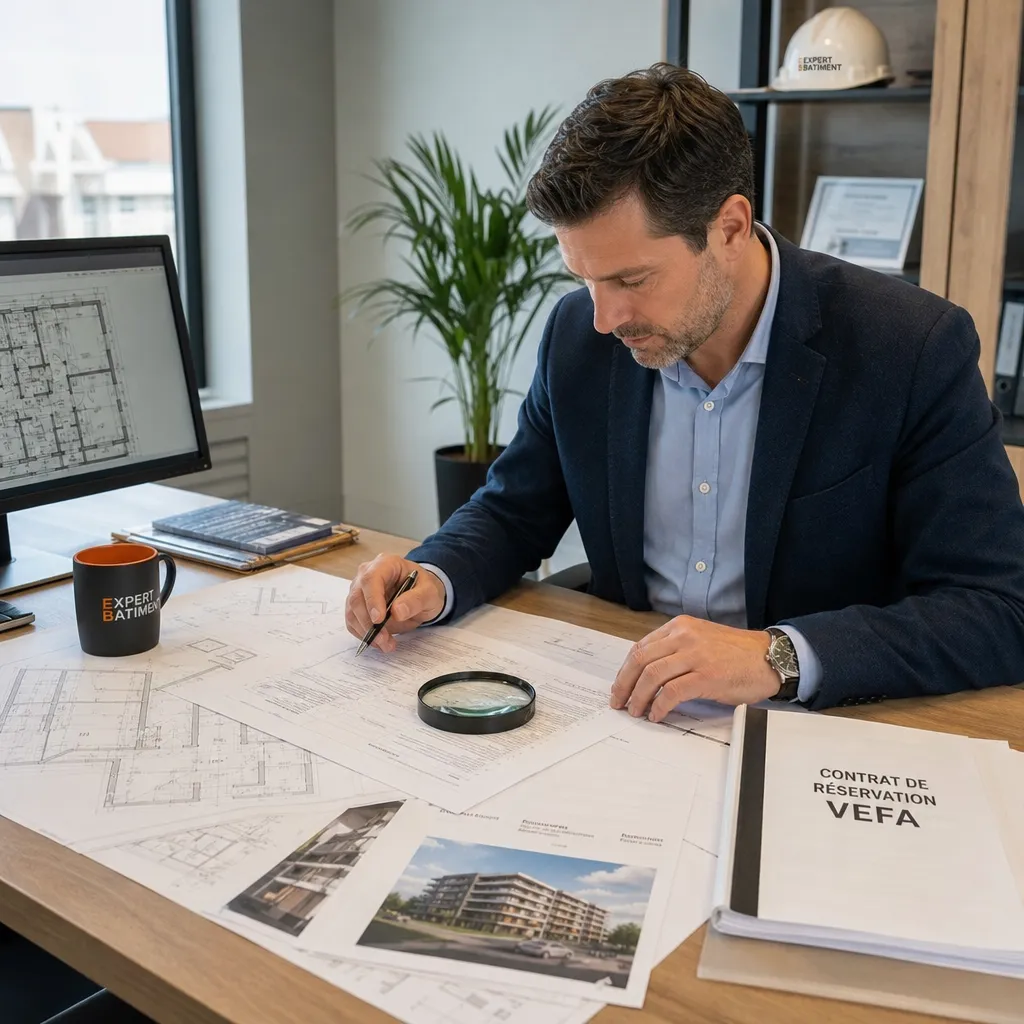 Expert analysant le contrat de réservation et la notice descriptive avant une visite VEFA en Seine-Saint-Denis