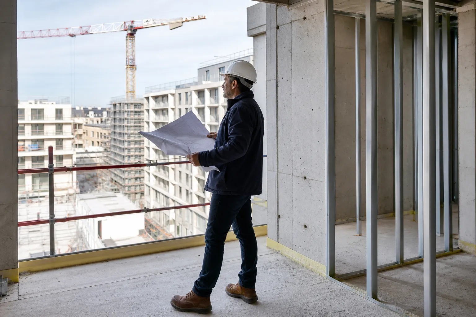 Expert controlant un chantier de logement neuf VEFA CCMI a Saint-Denis