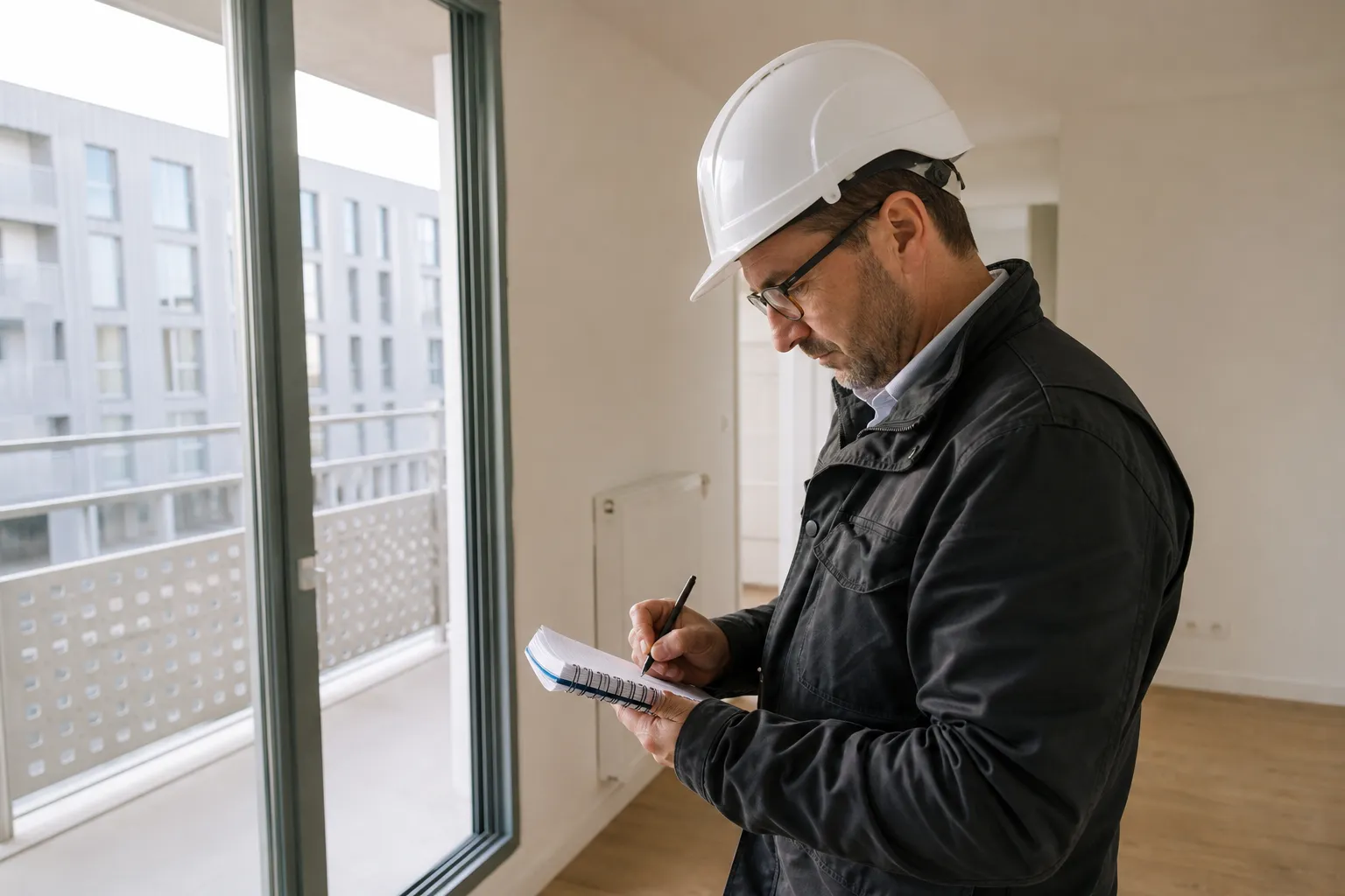Expert notant des reserves lors de la reception d'un logement neuf a Drancy