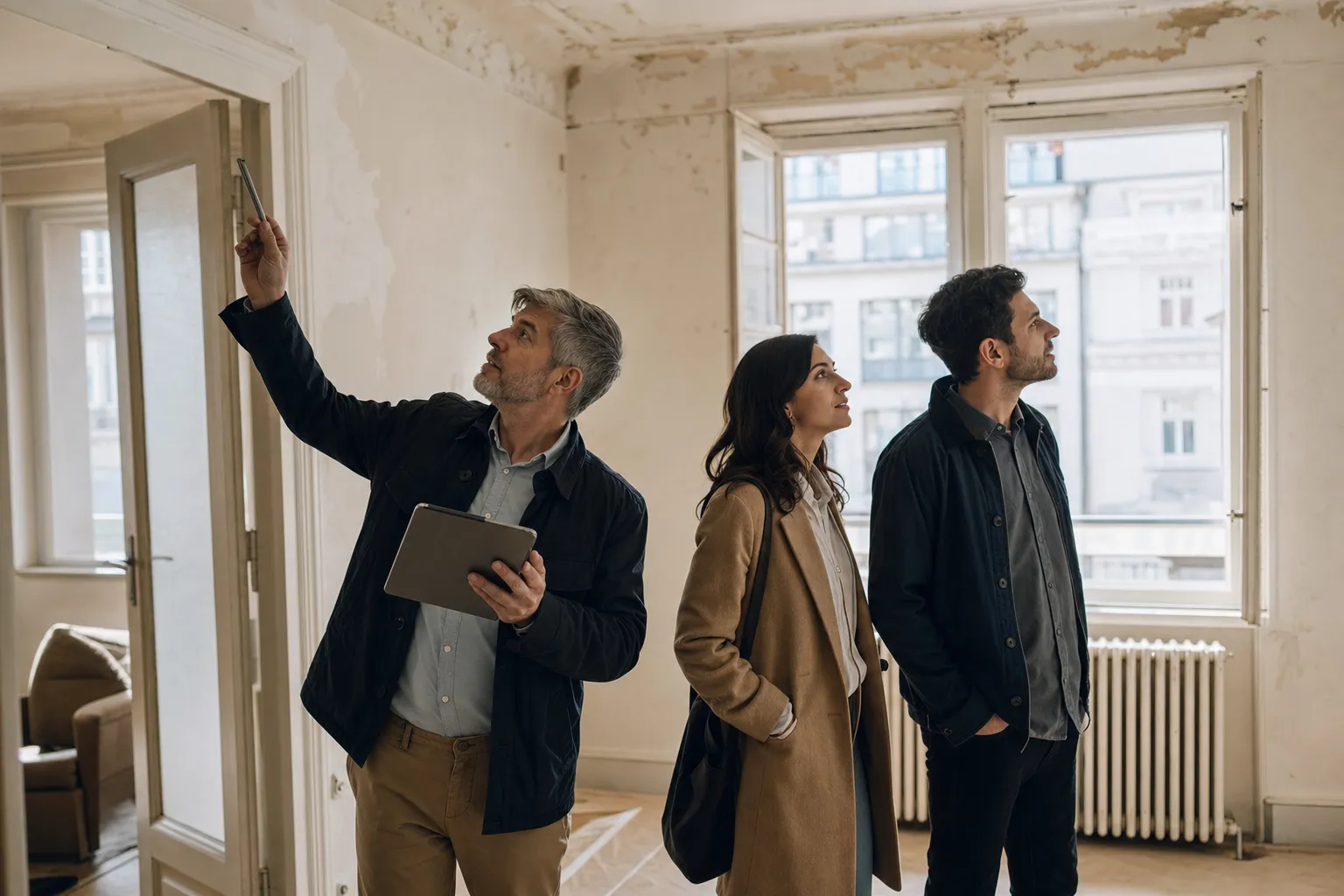 Expert realisant un bilan avant achat immobilier pour des acquereurs en Seine-Saint-Denis