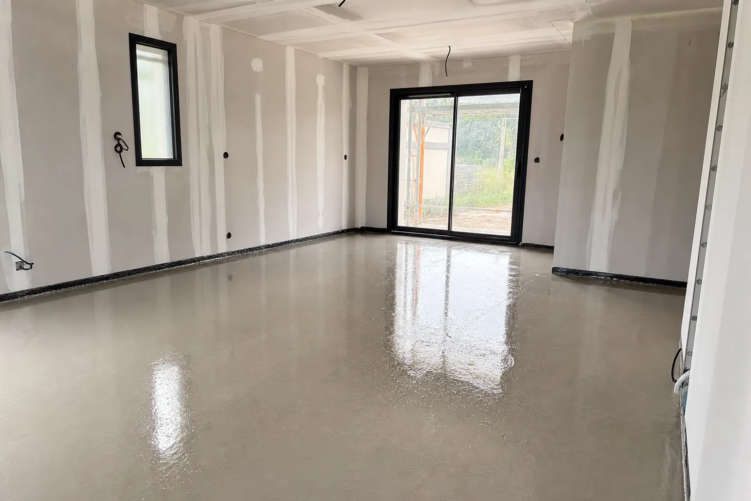 Chape liquide coulée sur le sol d'une maison CCMI, contrôlée lors de la visite chape par un expert Check my House en Seine-Saint-Denis (93)