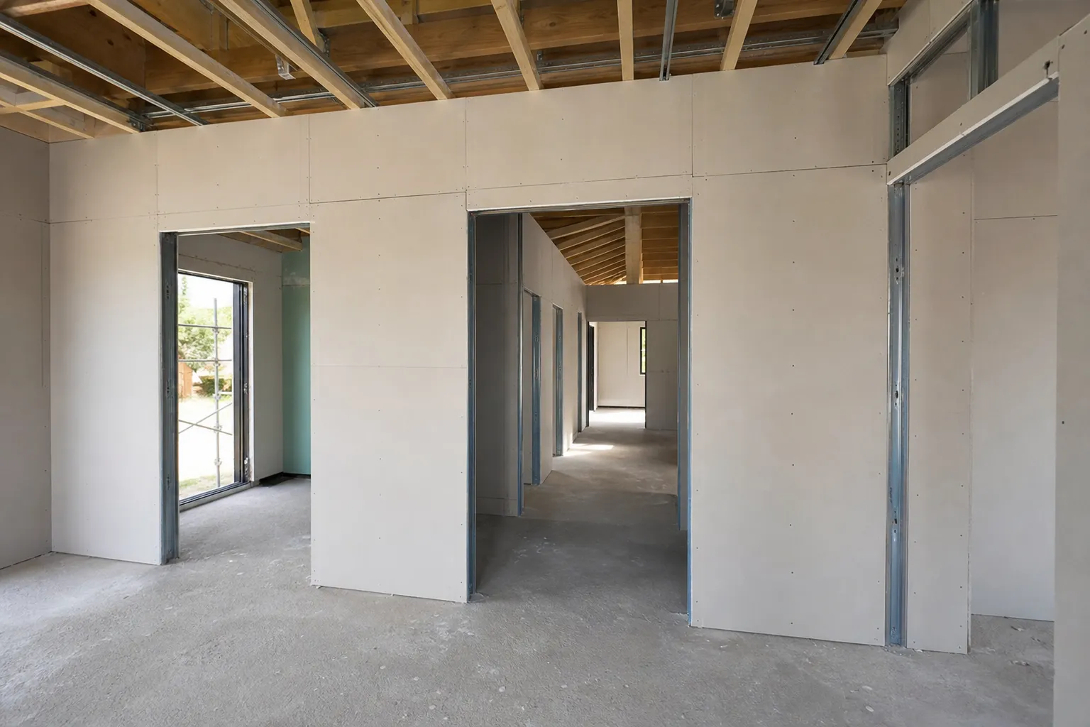 Cloisons en plaques de plâtre d'une maison CCMI délimitant les pièces, contrôlées lors de la visite cloisons par un expert Check my House en Seine-Saint-Denis (93)