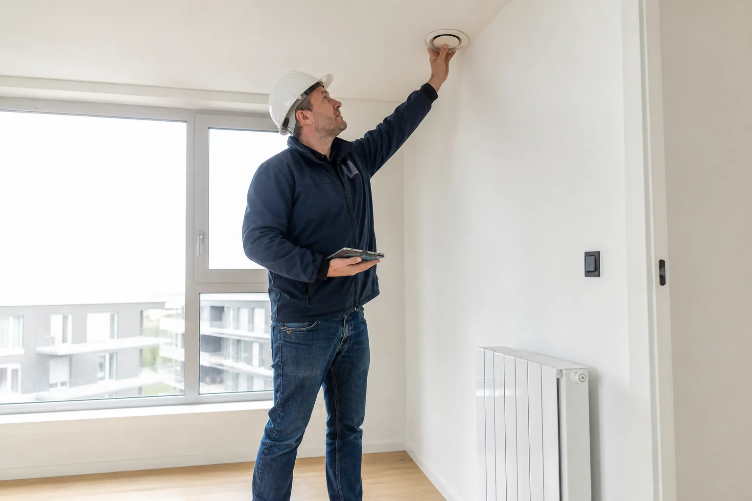 Expert vérifiant les équipements de chauffage et la ventilation lors de la pré-livraison VEFA