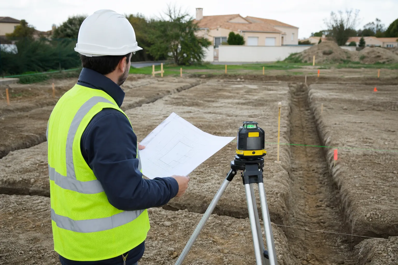 Expert Check my House contrôlant l'implantation des fondations au niveau laser en Seine-Saint-Denis (93)