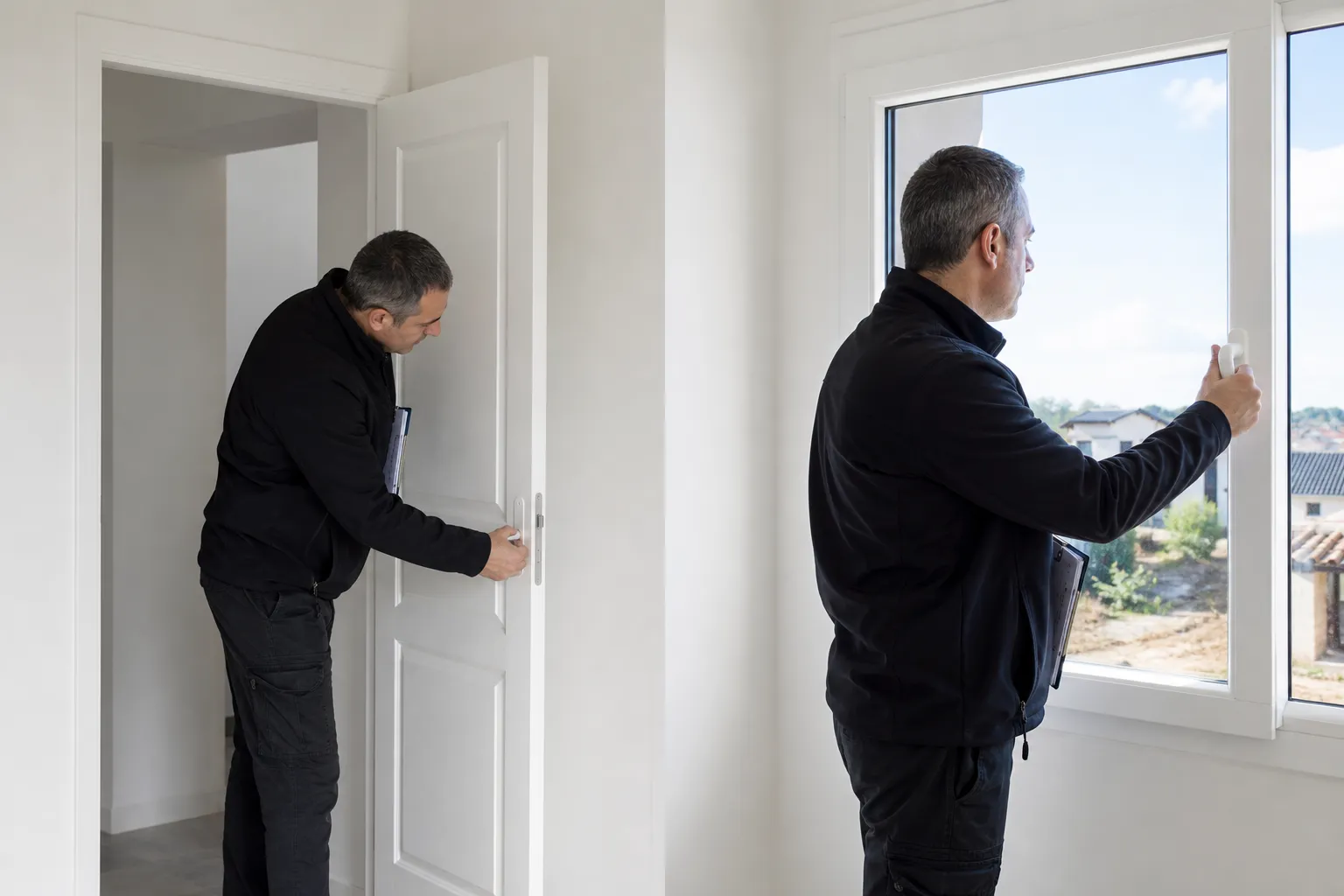 Expert testant l ouverture et le reglage des portes et fenetres lors de la pre-reception CCMI (93)