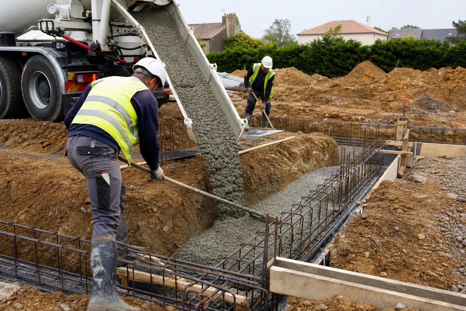Coulage du béton dans les fondations ferraillées d'une maison neuve en Seine-Saint-Denis (93)