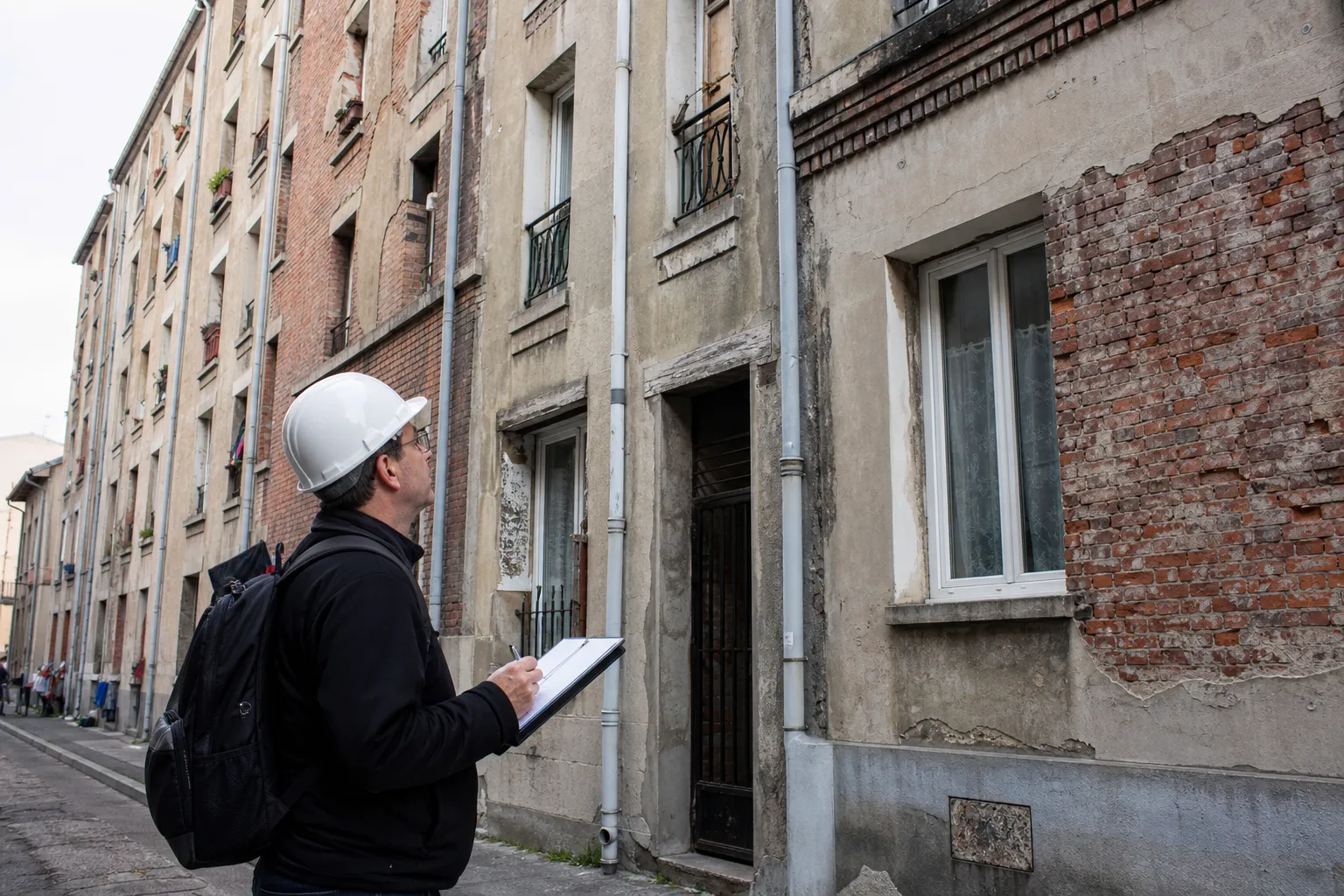 Expert inspectant un immeuble collectif dense a Aubervilliers