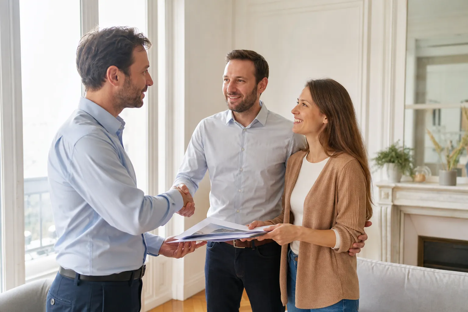 Expert en batiment remettant son rapport a des proprietaires a Saint-Denis