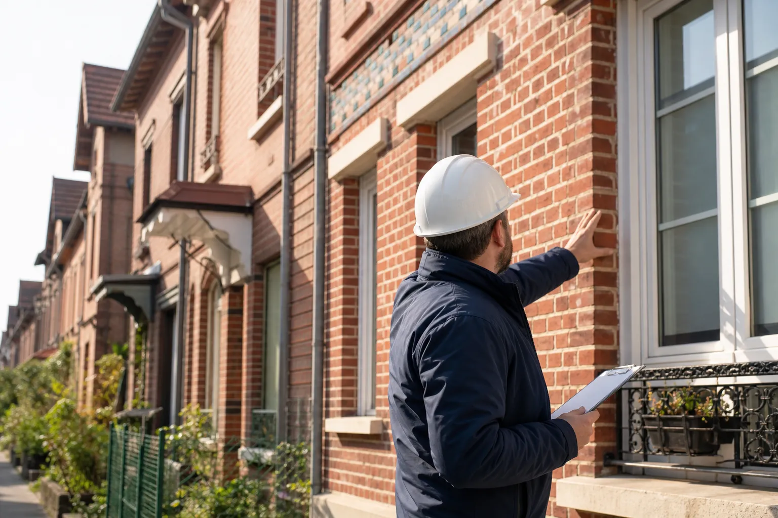 Expert inspectant une maison de cite-jardin en brique a Drancy