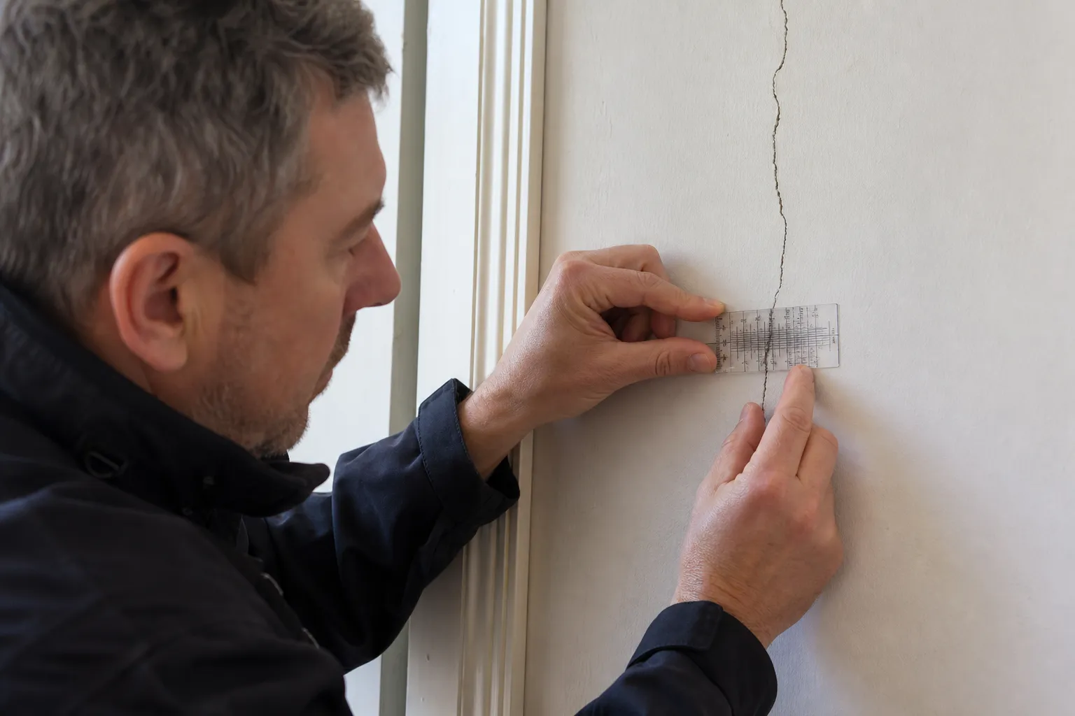 Expert mesurant l’ouverture d’une fissure sur un mur dans le 93
