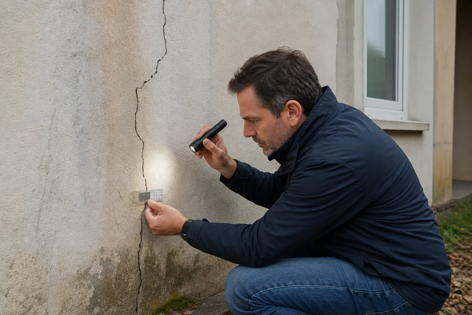 Expert diagnostiquant des fissures et de l humidite sur une maison en Seine-Saint-Denis