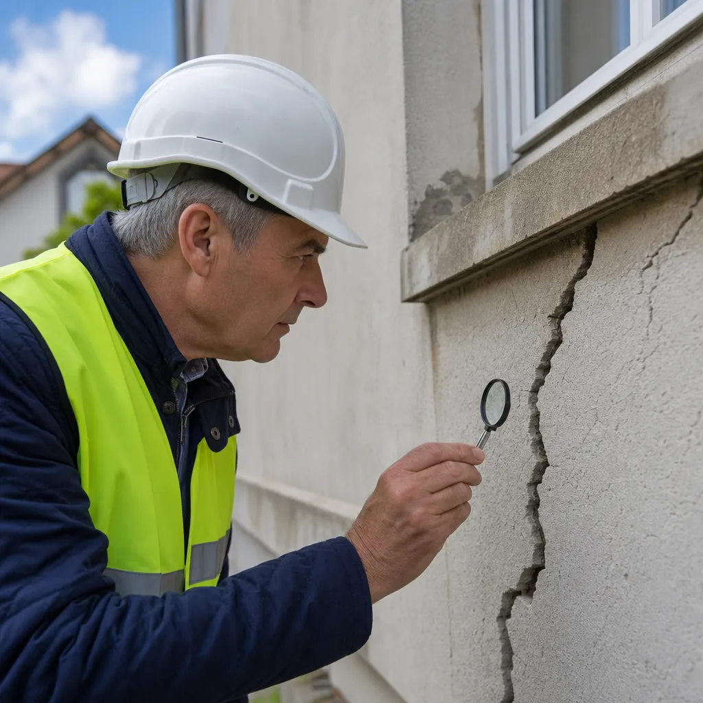 Expert en bâtiment Check my House diagnostiquant une fissure sur la façade d'une maison en Seine-Saint-Denis (93)