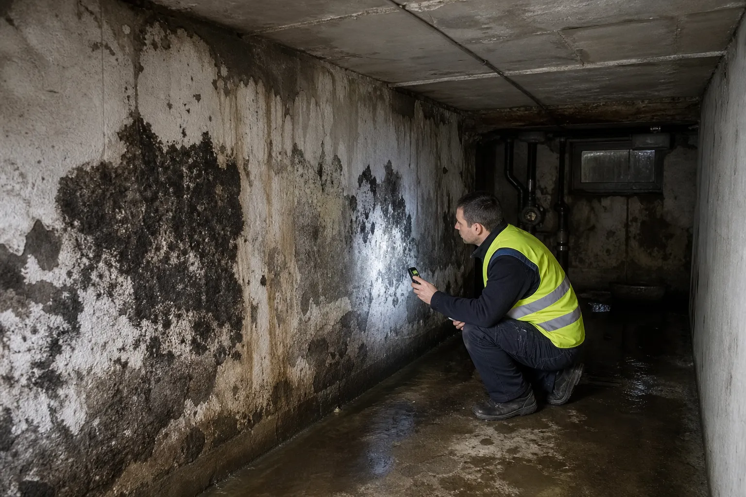 Expert examinant infiltrations et moisissures en sous-sol a Aubervilliers