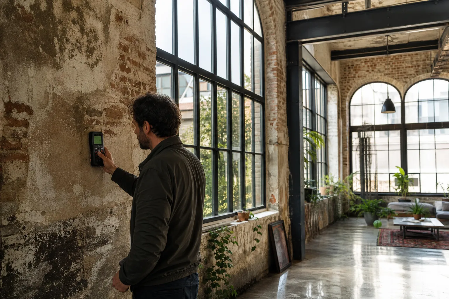 Expert mesurant l'humidite dans un loft atelier a Montreuil