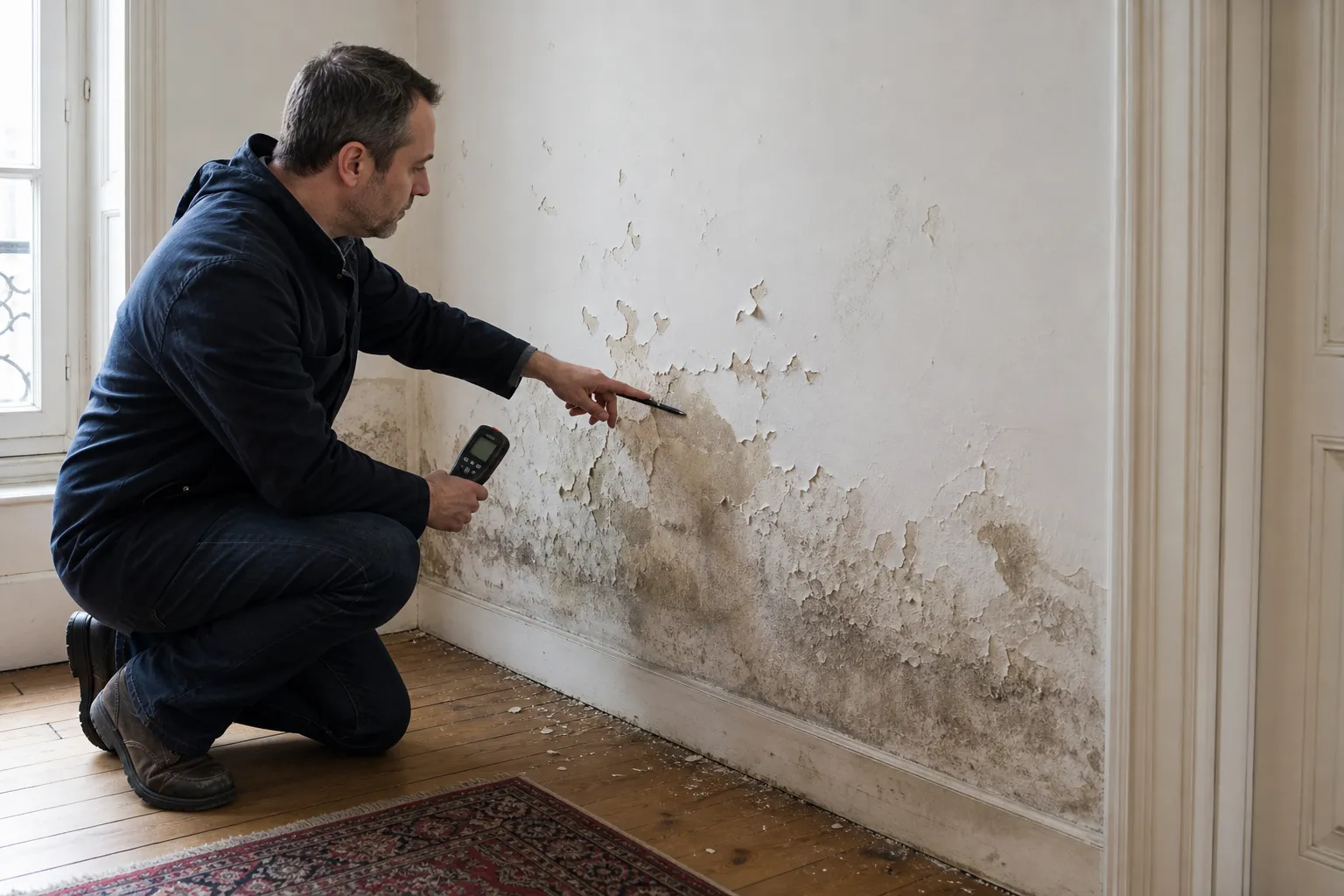 Expert examinant l'humidite d'un mur de maison ancienne a Drancy
