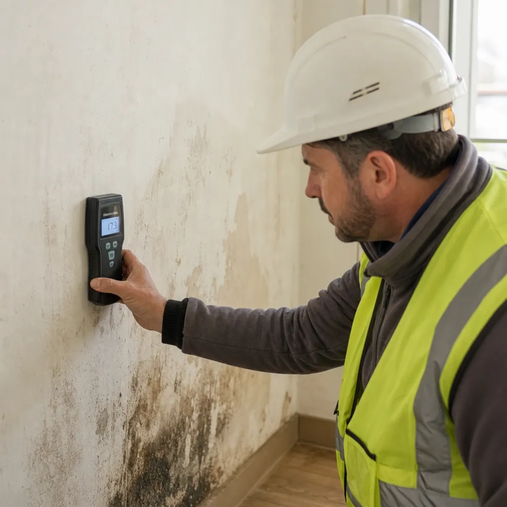 Expert en bâtiment Check my House mesurant l'humidité d'un mur avec un humidimètre en Seine-Saint-Denis (93)