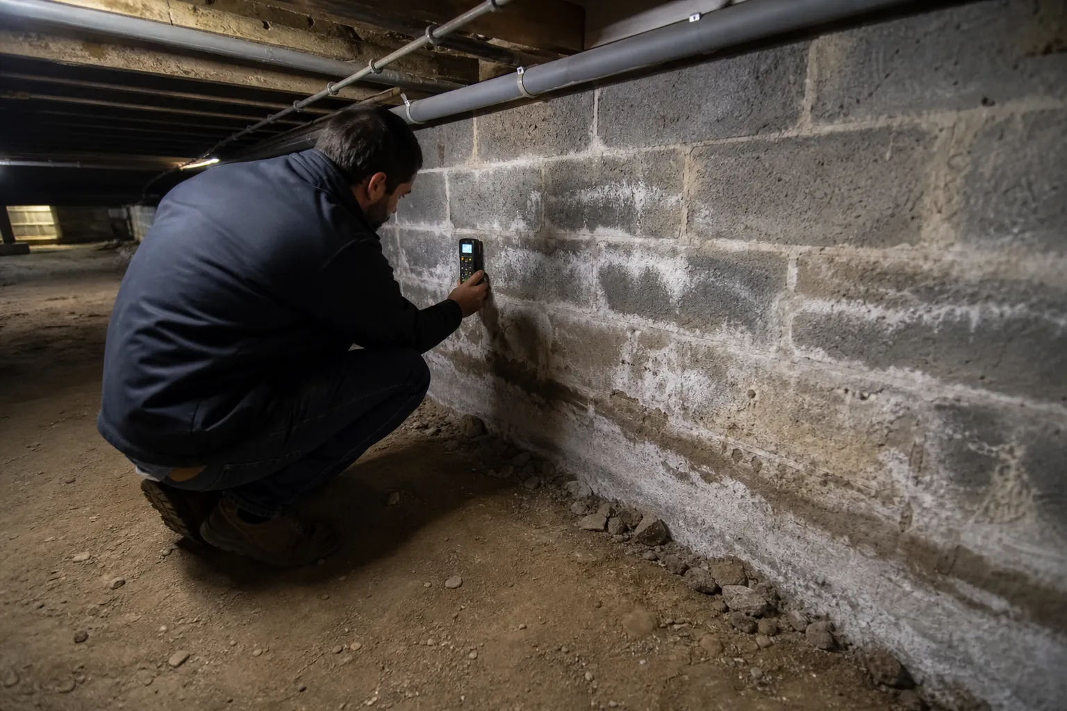 Expert mesurant l'humidite dans le sous-sol d'un pavillon a Aulnay-sous-Bois