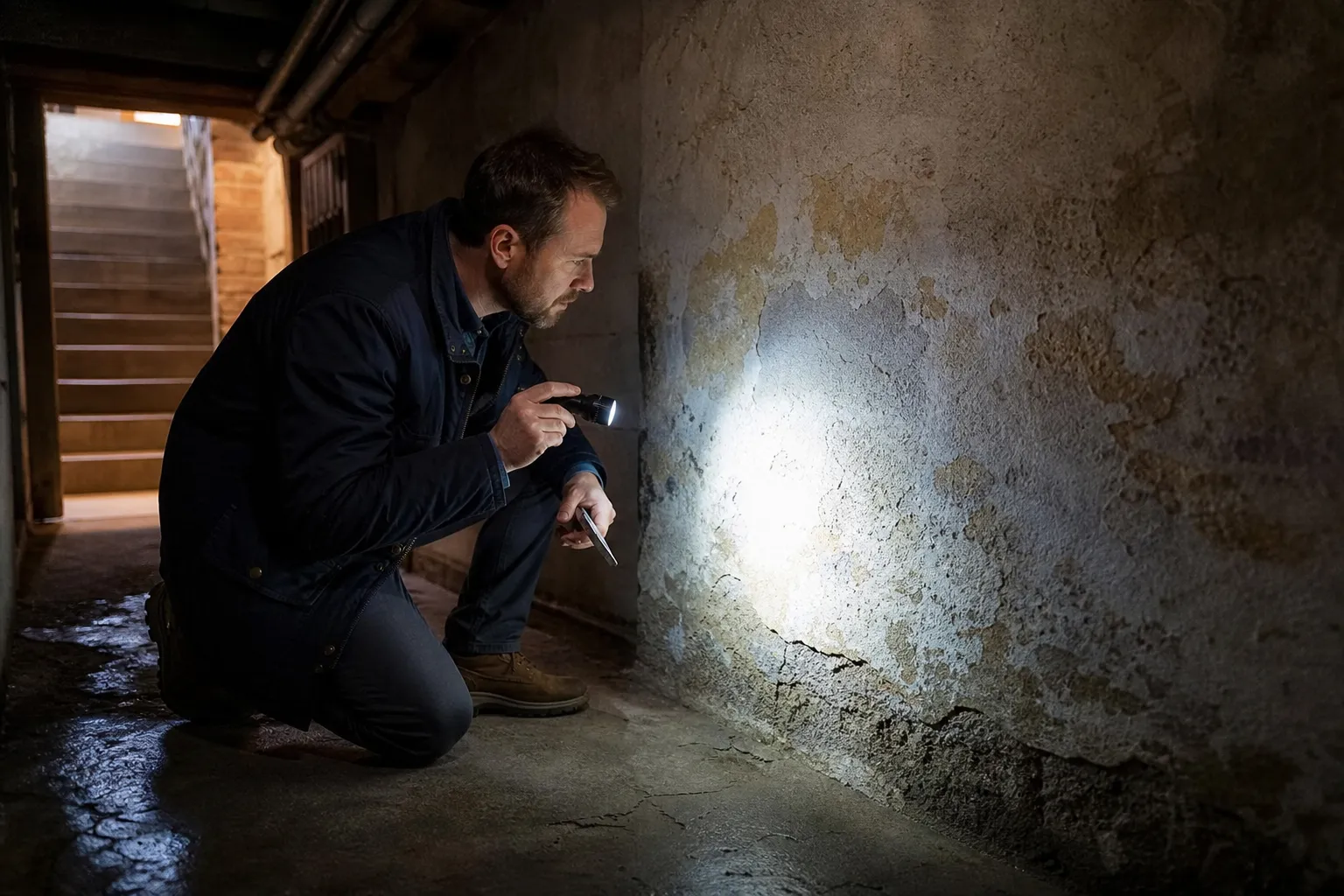 Expert examinant des remontees capillaires dans une cave a Saint-Denis