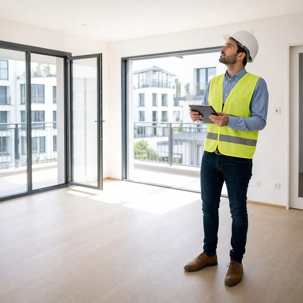 Expert en bâtiment Check my House vérifiant les finitions d'un appartement neuf lors d'une réception VEFA en Seine-Saint-Denis (93)