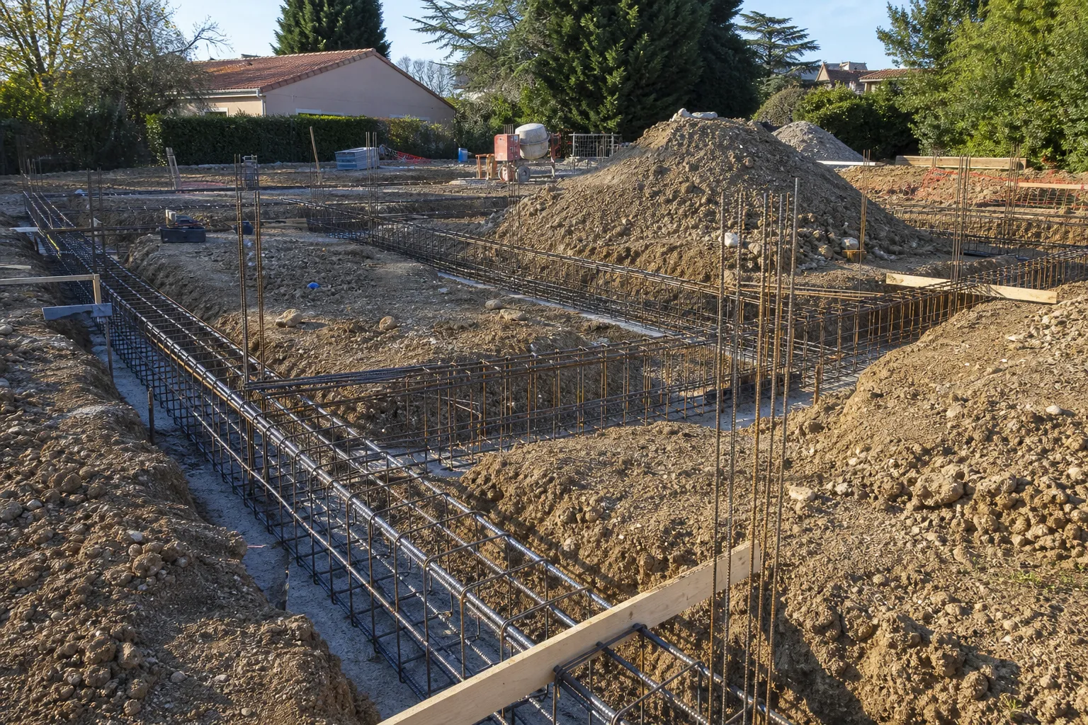 Armatures et ferraillage des semelles de fondation d'une maison neuve avant coulage en Seine-Saint-Denis (93)