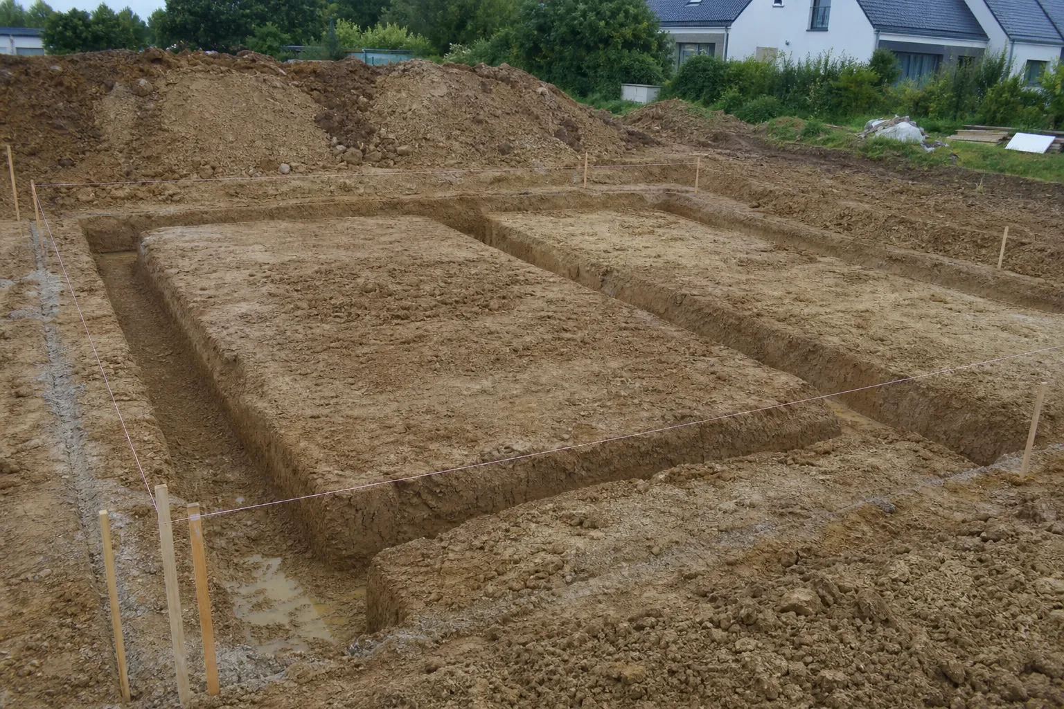 Fond de fouille et tranchées de fondation d'une maison neuve avant coulage du béton en Seine-Saint-Denis (93)