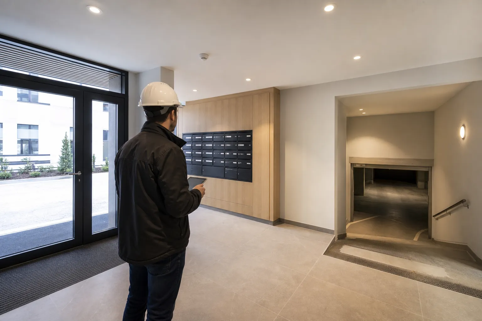 Expert inspectant les parties communes hall parking et locaux techniques d une residence neuve VEFA