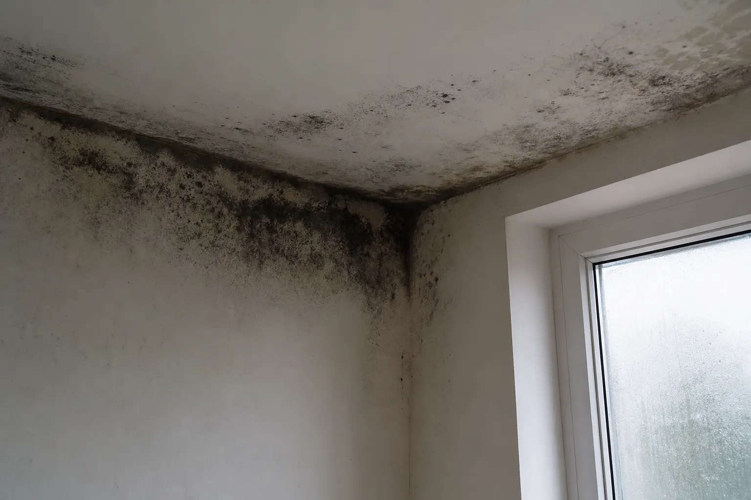 Moisissures noires de condensation dans l’angle d’une pièce mal ventilée en Seine-Saint-Denis (93)