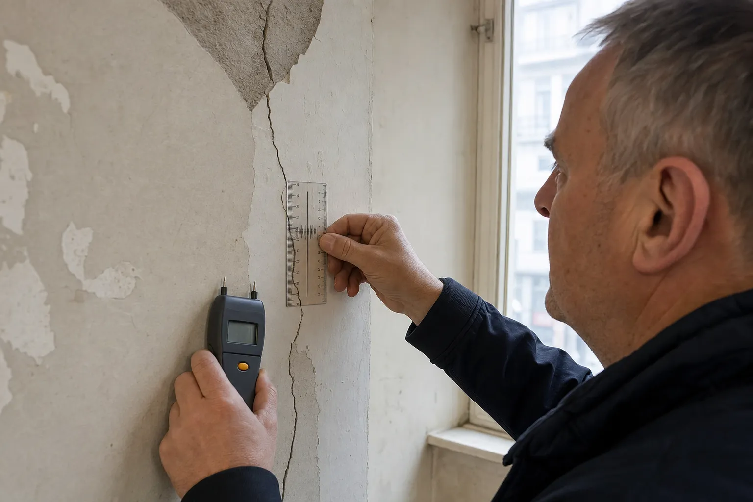 Expert utilisant hygrometre et fissurometre pour detecter un vice cache lors d une expertise en Seine-Saint-Denis
