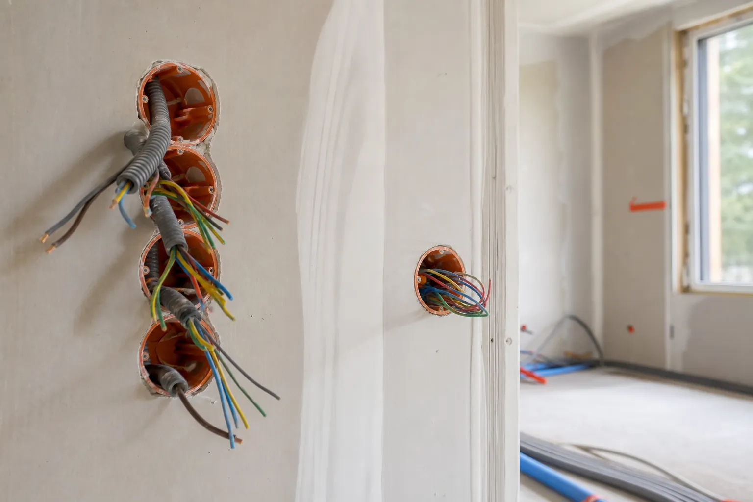 Boîtiers et réservations électriques d'une maison CCMI contrôlés lors de la visite cloisons par un expert Check my House en Seine-Saint-Denis (93)