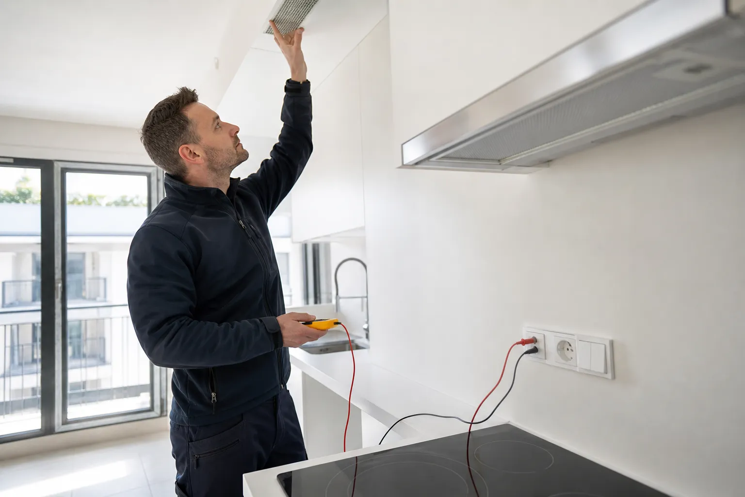 Expert testant l electricite la plomberie et la ventilation lors de la livraison d un logement VEFA