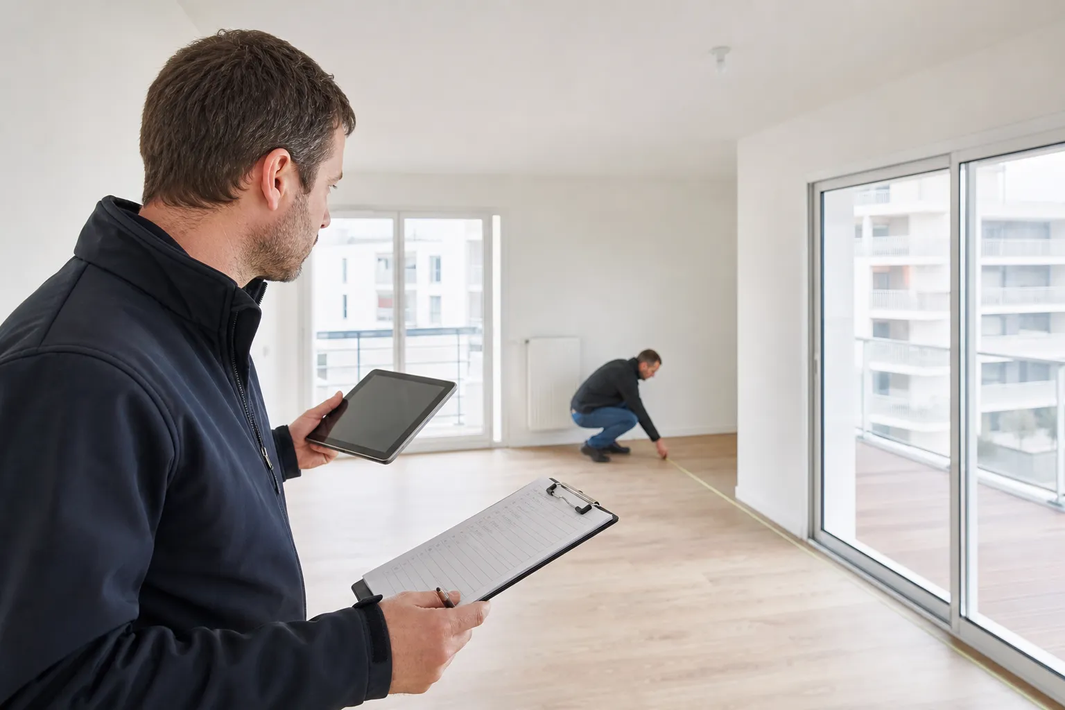 Expert verifiant la conformite du logement neuf a la notice descriptive lors de la livraison VEFA