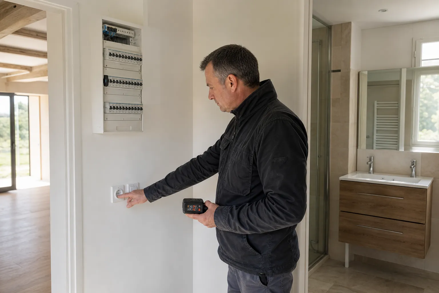 Expert controlant les prises electriques et les equipements sanitaires lors de la pre-reception CCMI (93)