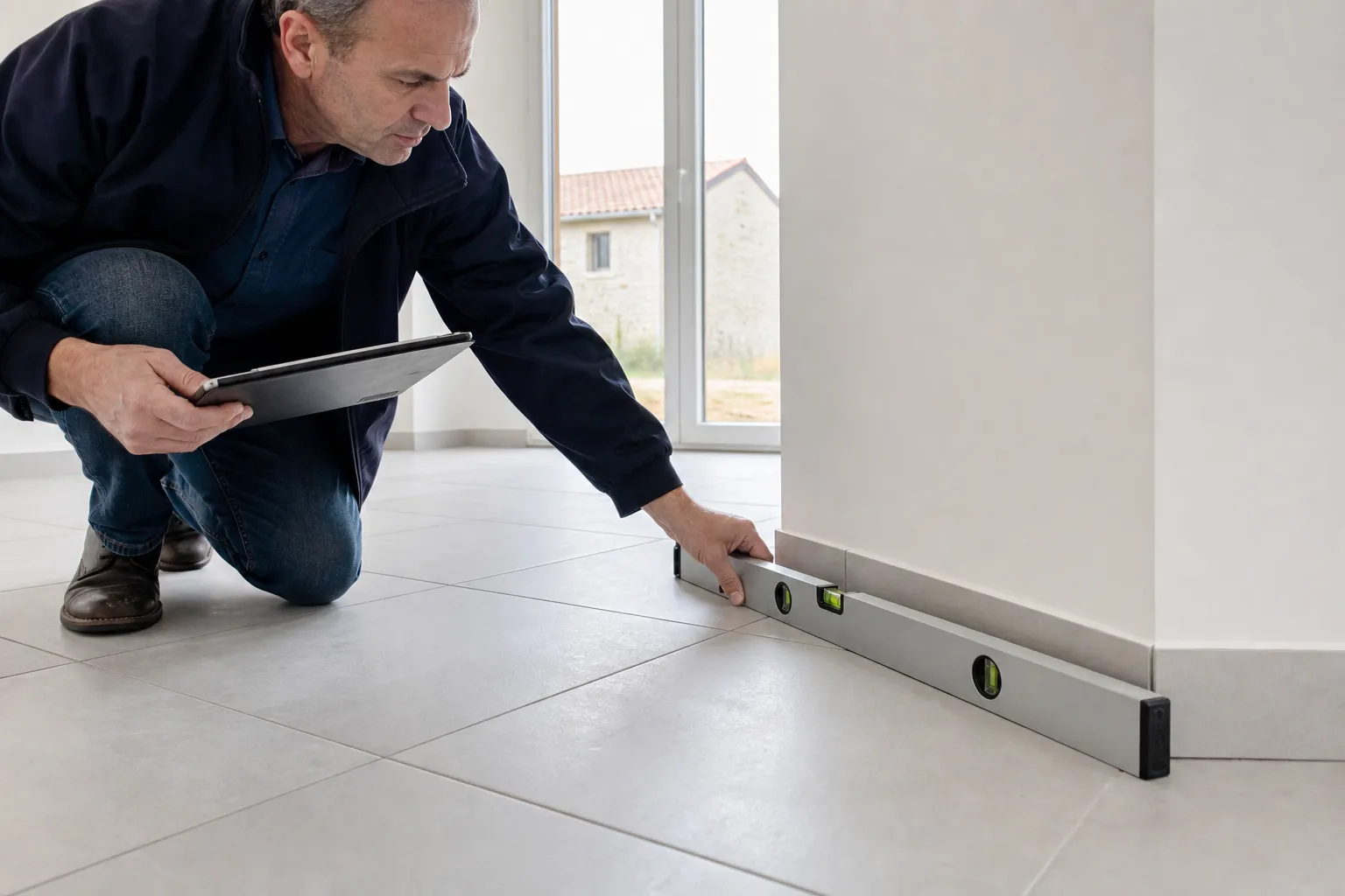 Expert verifiant la pose du carrelage et l alignement des plinthes lors de la pre-reception CCMI (93)