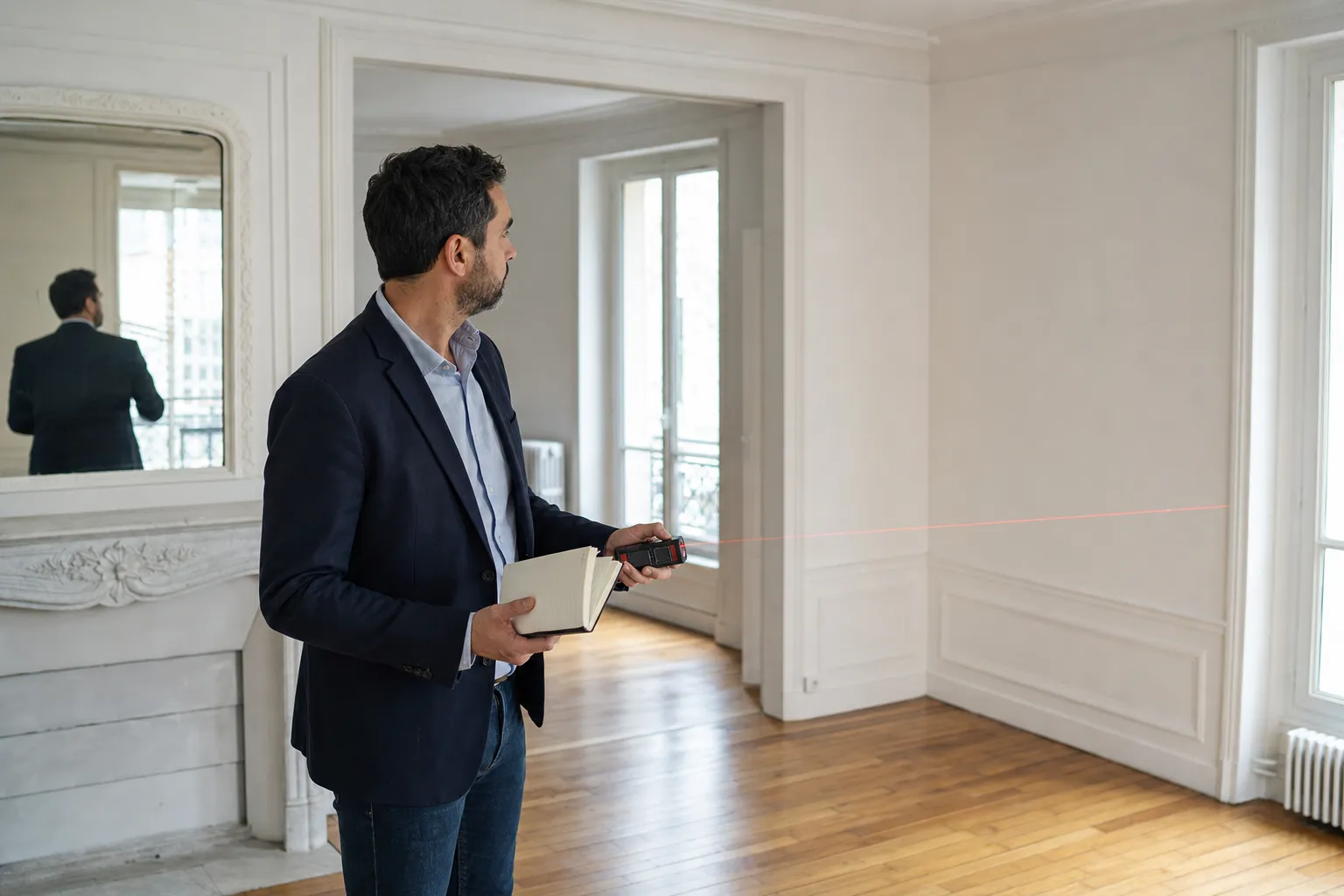 Expert réalisant la visite et l'état des lieux d'un appartement pour une expertise de valeur vénale dans le 93